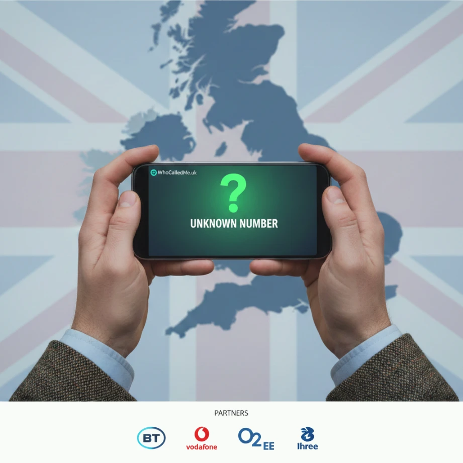 Who Called Me UK – reverse phone lookup tool showing unknown caller identification on a mobile phone screen